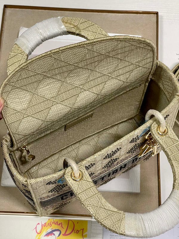 Christian Dior Lady D-Lite Medium Bag in Gold Embroidered Canvas