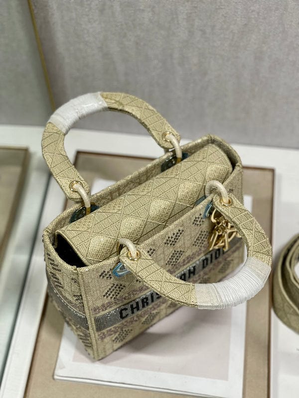 Christian Dior Lady D-Lite Medium Bag in Gold Embroidered Canvas