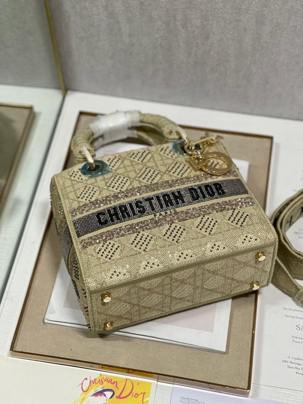 Christian Dior Lady D-Lite Medium Bag in Gold Embroidered Canvas