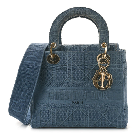 Christian Dior - Canvas Embroidered Cannage Medium Lady D-Lite Denim Blue