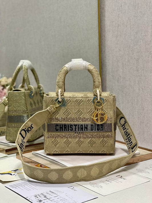 Christian Dior Lady D-Lite Medium Bag in Gold Embroidered Canvas